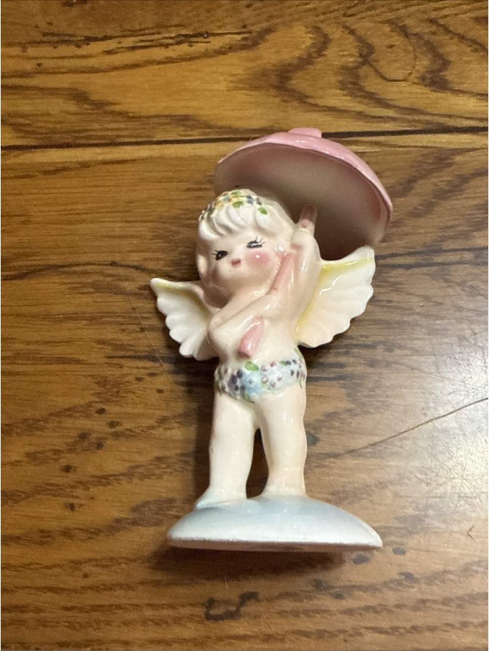 Vintage Enesco Porcelain Angel w/ Umbrella Halo Wings Flowers